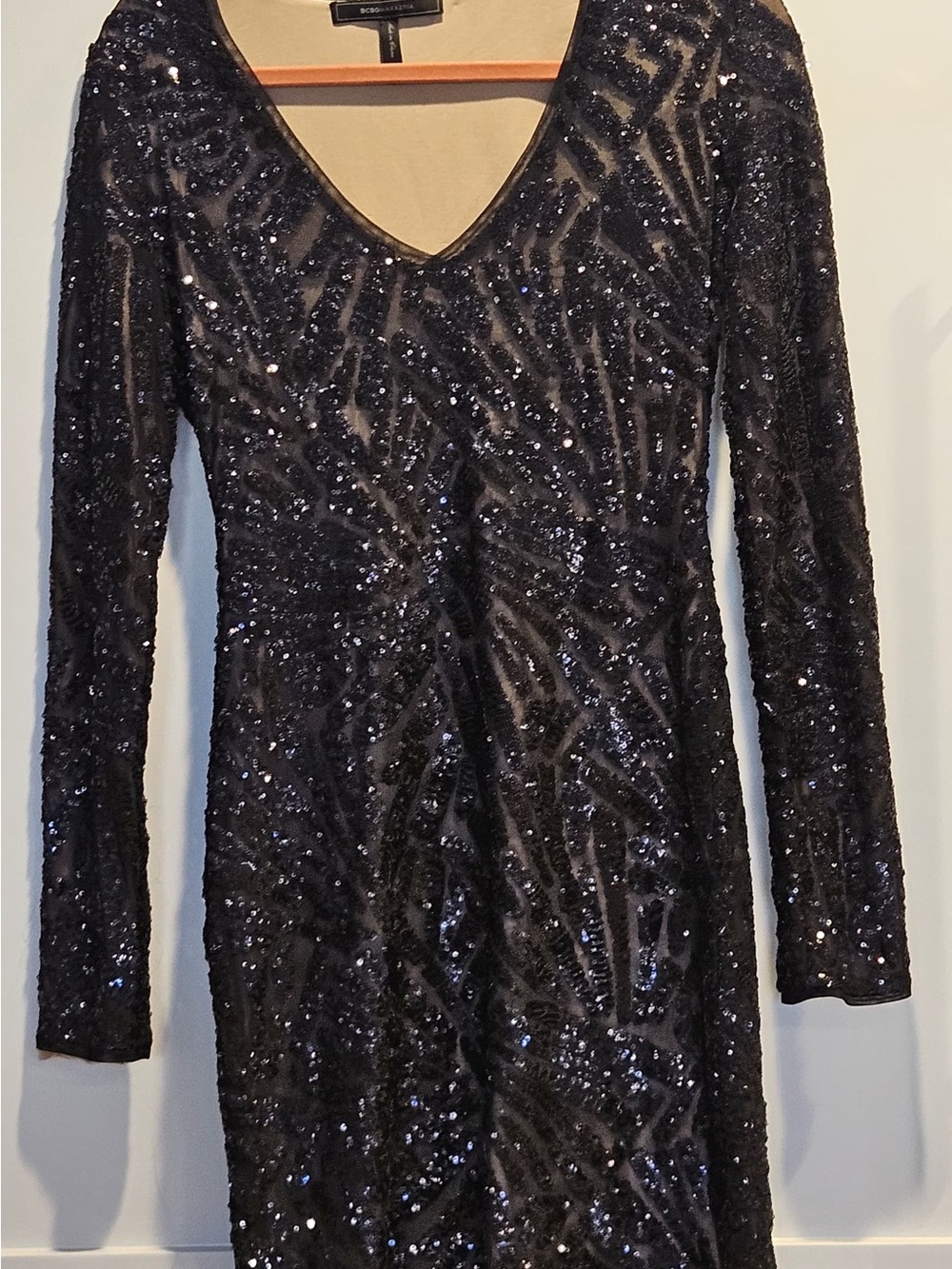 BCBGMaxAzria Black Sequin Long-Sleeve V-Neck Dress